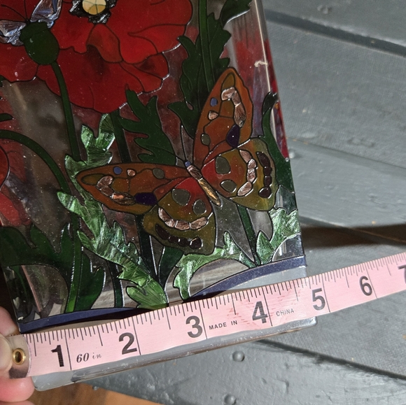 Glass Vase 13in Tall With Flowers And Butterflies Handpainted Heavy Vibrant - Picture 9 of 11